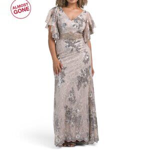 MAC DUGGAL Taupe Flutter Sleeve Floral Embellished Gown